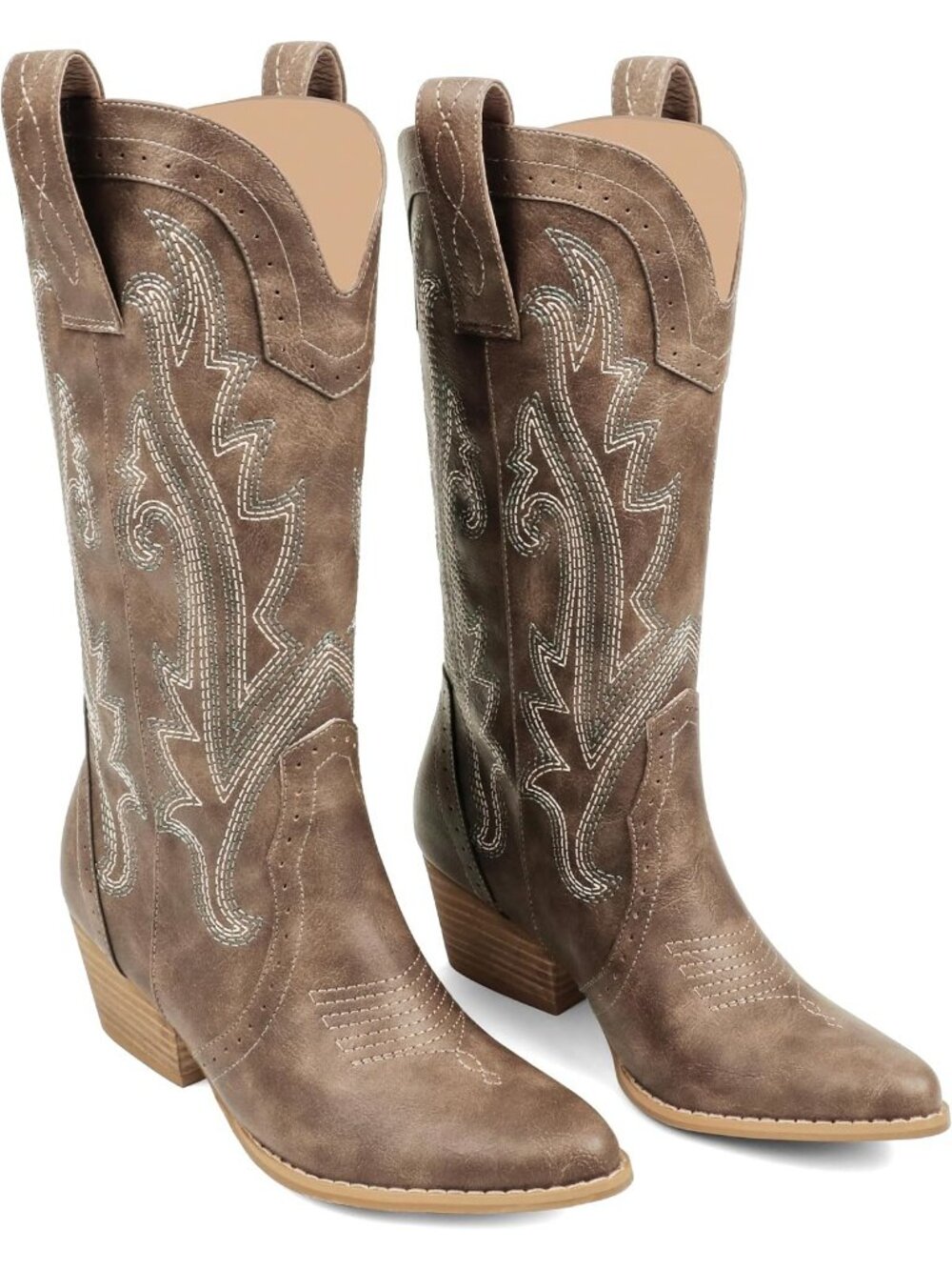 Women's Brown Mid-calf Pointy Toe Embroidered Western Cowgirl Boots Chunky Heel